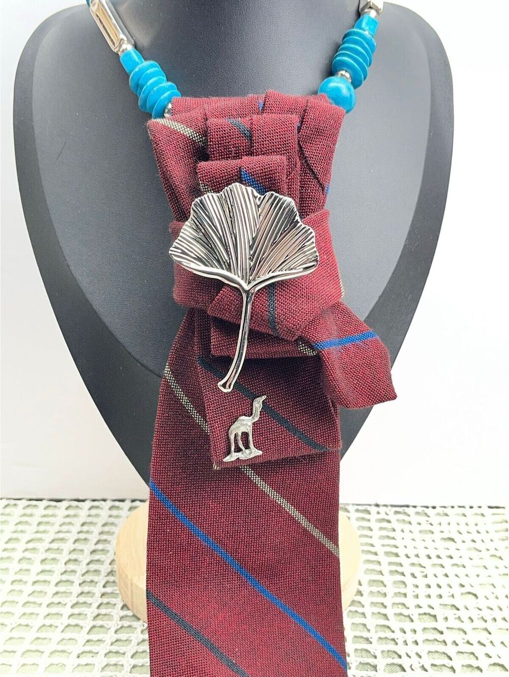 #535 Neck Tie Necklace Burgundy & Turquoise Blue Necklace Silver Tone Camel